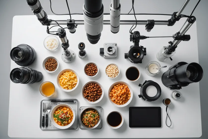 Overhead camera capturing food product samples for machine learning dataset collection