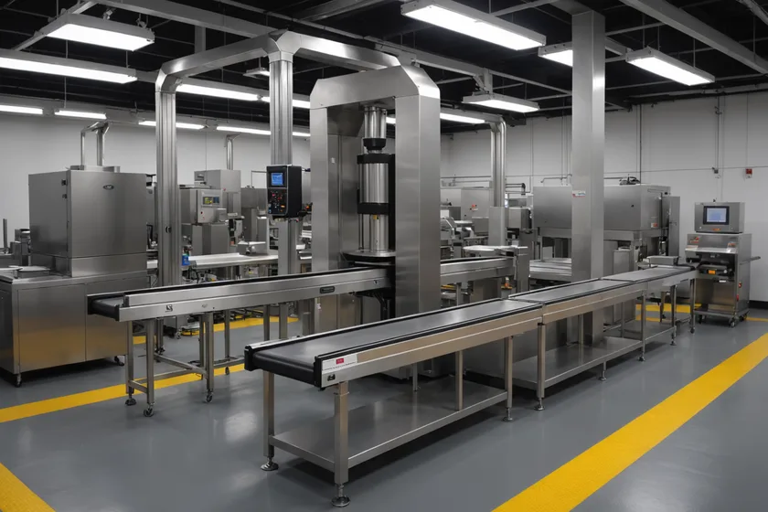 Food manufacturing quality inspection station with overhead detection equipment