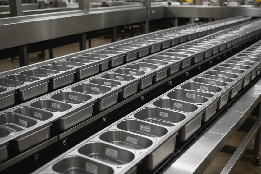 Row of food containers showing label positioning on a production line
