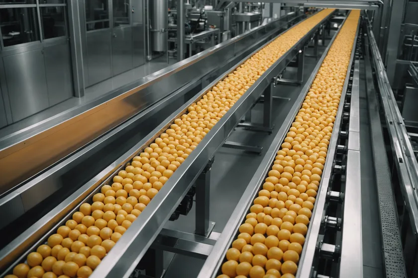 High-speed food production line conveyor with products in motion