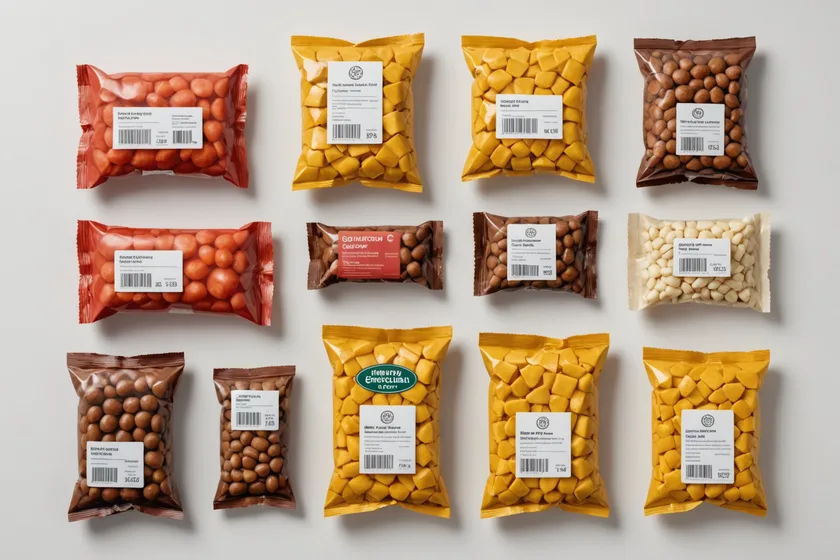 Array of packaged food products showing varied packaging defects for quality classification