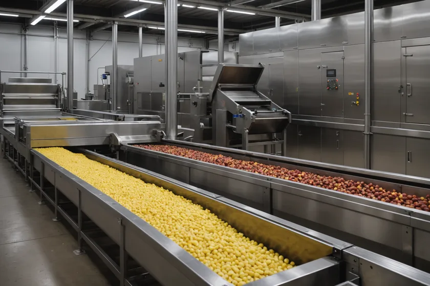 Rejected food products bin next to a production line quality station
