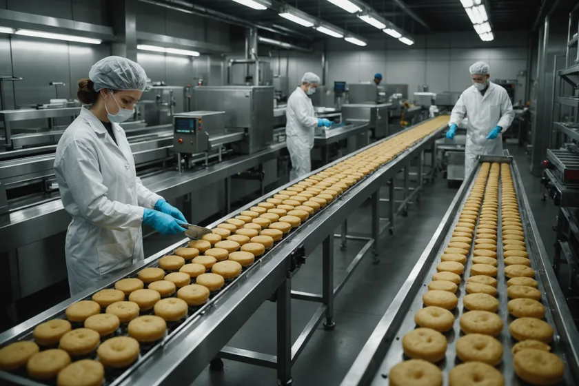 Quality control inspector manually examining food products on a production line