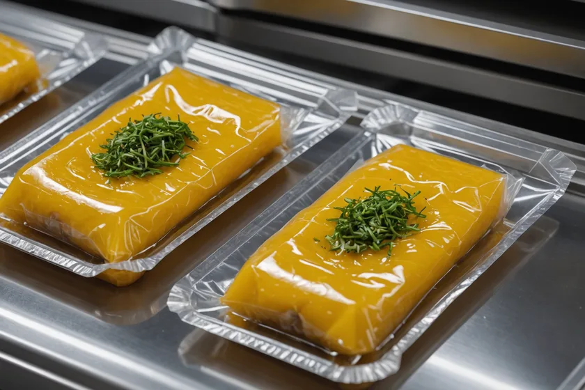 Close-up of heat-sealed food packaging under inspection lighting