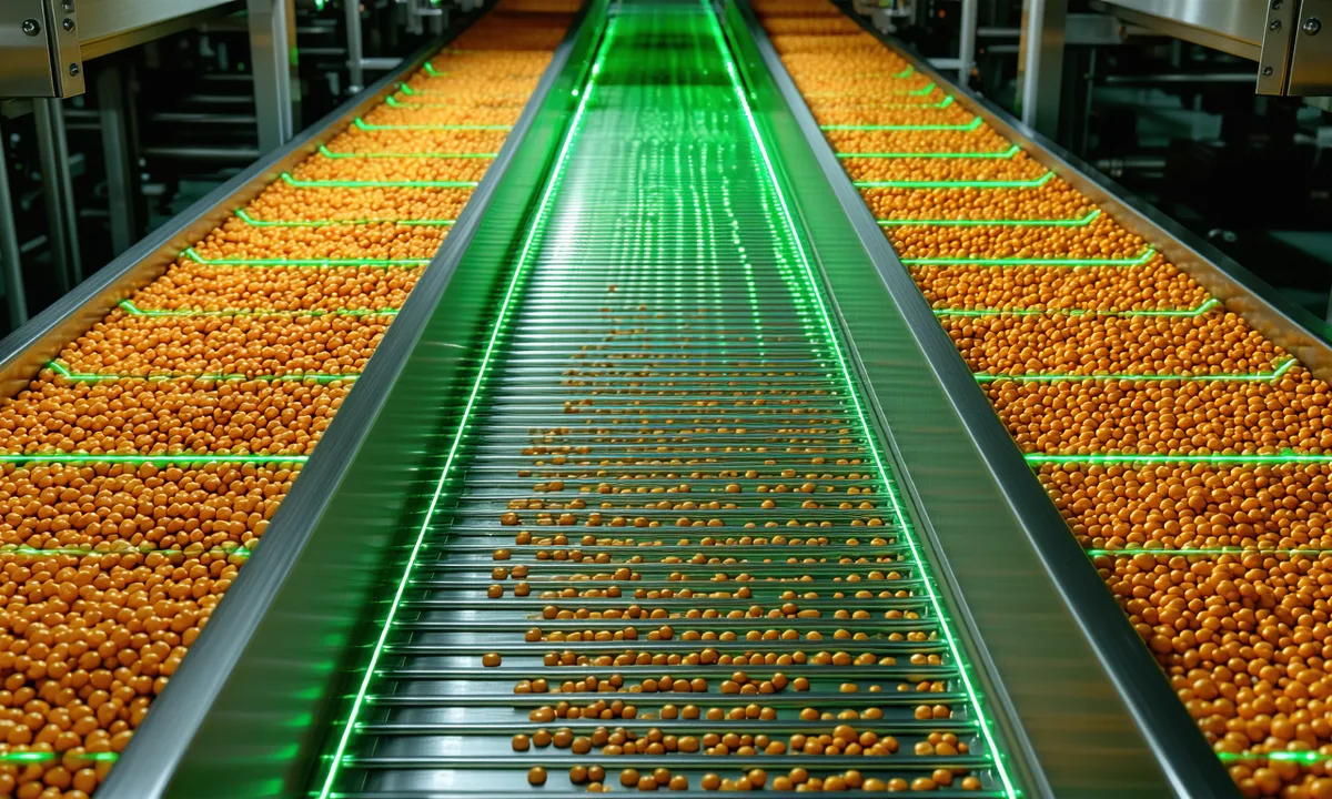 Overhead view of a high-speed food production conveyor with AI detection bounding boxes highlighting products