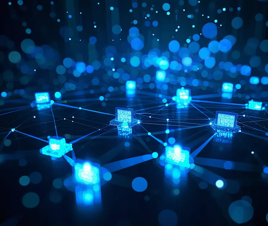 Abstract visualization of a food supply chain traceability network with glowing teal connection lines linking lot code nodes from manufacturing through distribution to retail shelf