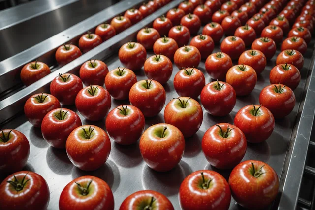 Close-up of produce on a conveyor belt with surface bruising visible under inspection lighting