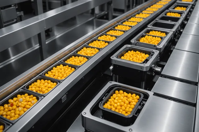 Food product stream on conveyor belt with a foreign material particle visible on one unit