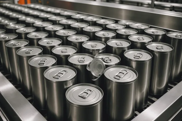 Product containers on a production line with visible label misalignment under inspection lighting