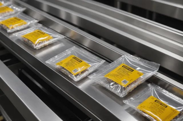 Packaged food items on a production line showing seal area under inspection camera view